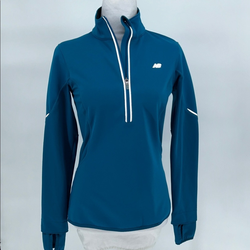 New Balance Womens Teal Half Zip Running Jacket Reflective Thumbholes XS - Picture 3 of 12